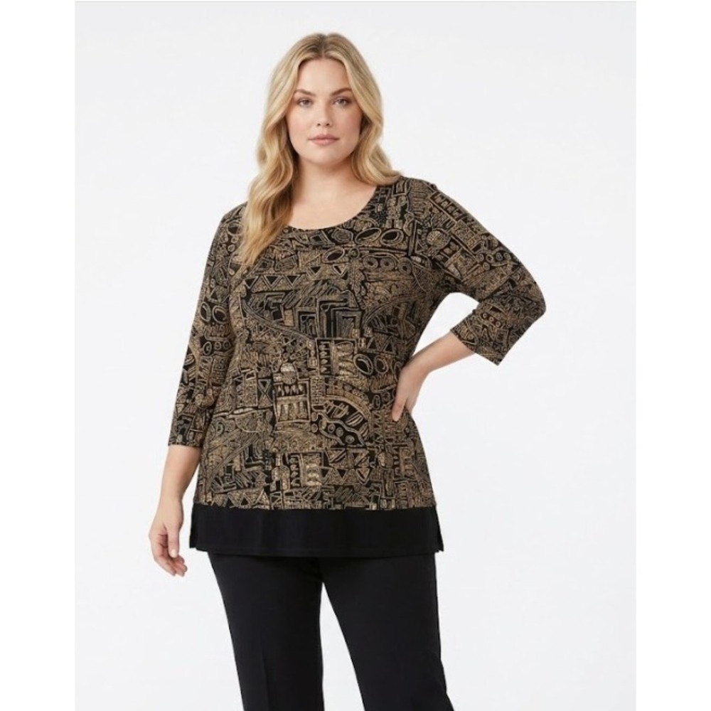 Citiknits Abstract Print Top 1X Geometric Artsy Slinky Knit 3/4 Sleeve Comfy